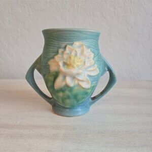 Vintage Roseville Pottery Double Handle Vase Water Lily Turquoise 71-4